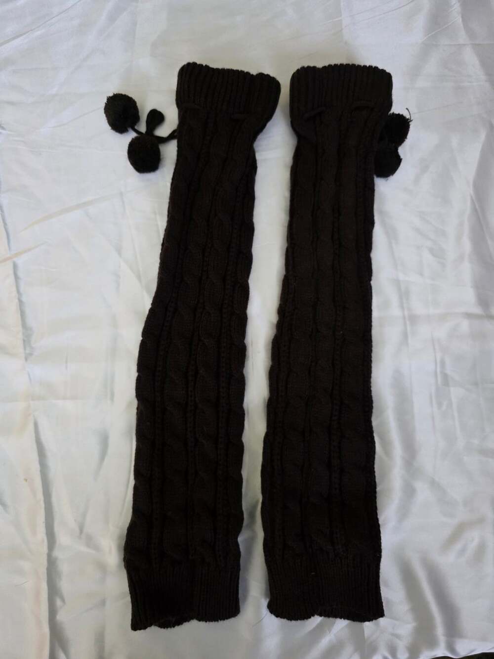 Long Tall Cable Knit Leg Warmers in Chocolate Brown with Pom Poms